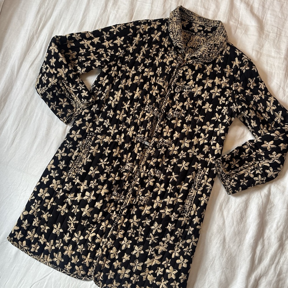 Reversible Quilted Kantha Coat Block Print Abstract Pattern Knee Length Med